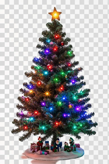 Photo frame for Christmas. It incorporates Christmas tree with colorful lights and stars and elves. white background. It should be powerful, elegant, complex and simple