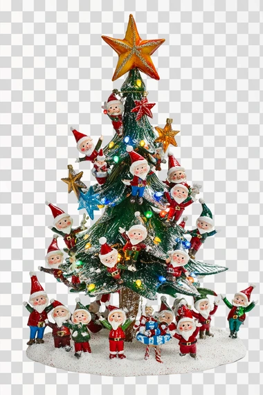 Photo frame for Christmas. It incorporates Christmas tree with colorful lights and stars and elves. white background. It should be powerful, elegant, complex and simple