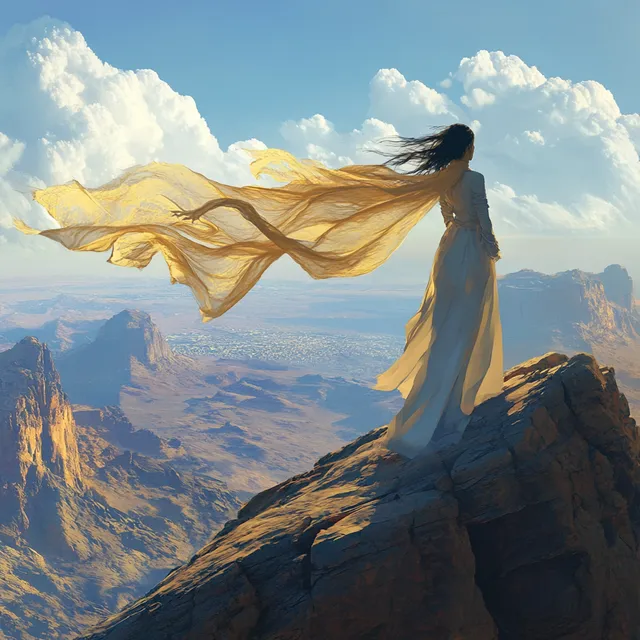 Woman on Mountain Summit, Scarf Blowing in Wind, Overlooking Diverse Terrain