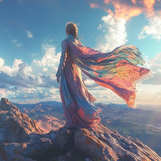 Woman on mountain top with flowing scarf, gazing at diverse horizons