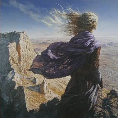A wind-blown figure of a woman on a mountaintop, their scarf or clothing flowing with the breeze, looking out at a horizon where different terrains meet (oceans, mountains, deserts, and cities).