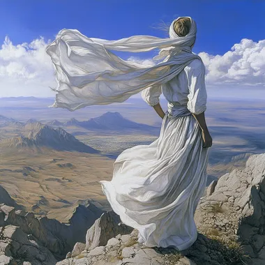 A wind-blown figure of a woman on a mountaintop, their scarf or clothing flowing with the breeze, looking out at a horizon where different terrains meet (oceans, mountains, deserts, and cities).