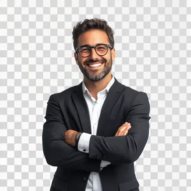 happy businessman standing with arms crossed isolated on white background