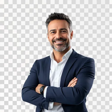 happy businessman standing with arms crossed isolated on white background