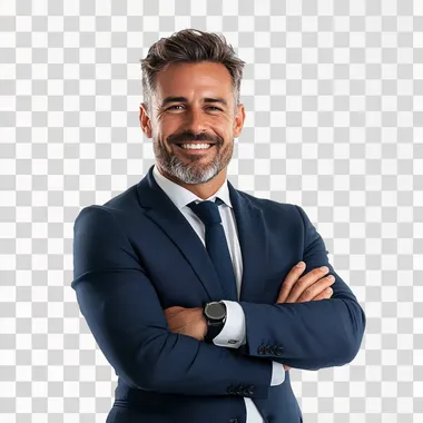 happy businessman standing with arms crossed isolated on white background