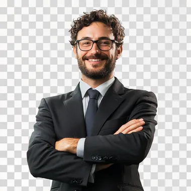 happy businessman standing with arms crossed isolated on white background