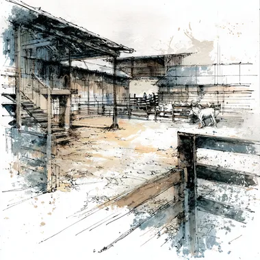 A simple and minimalist sketch. We must be inside a tidy livestock pen, just above ground level with a loafing shed nearby. Use sharp calligraphy pen marks with both thick and thin line weights to describe the basic shapes clear relief. Use an ink wash technique, with calligraphy integration, for abstract shading and coloration, using a balanced bruised color palette with serene simplicity, in the style of traditional Asian art, in high resolution. Camera frame is slightly above ground level and tilted down about 5-degrees.   g22sej1 --raw