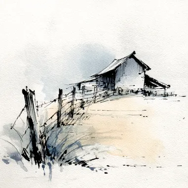 A simple and minimalist sketch. We must be inside a tidy livestock pen, just above ground level with a loafing shed nearby. Use sharp calligraphy pen marks with both thick and thin line weights to describe the basic shapes clear relief. Use an ink wash technique, with calligraphy integration, for abstract shading and coloration, using a balanced bruised color palette with serene simplicity, in the style of traditional Asian art, in high resolution. Camera frame is slightly above ground level and tilted down about 5-degrees.   g22sej1 --raw