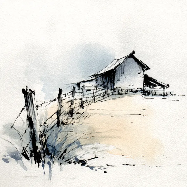 Minimalist Livestock Pen Sketch with Shed