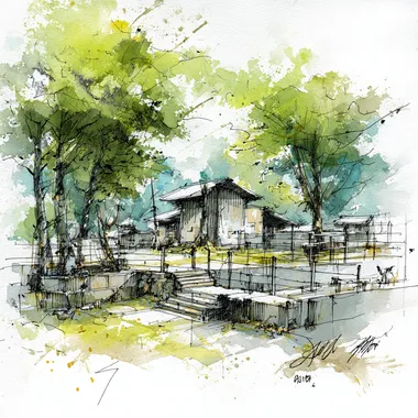 A simple and minimalist sketch. We must be inside a tidy livestock pen, just above ground level with a loafing shed nearby. Use sharp calligraphy pen marks with both thick and thin line weights to describe the basic shapes clear relief. Use an ink wash technique, with calligraphy integration, for abstract shading and coloration, using a balanced bruised color palette with serene simplicity, in the style of traditional Asian art, in high resolution. Camera frame is slightly above ground level and tilted down about 5-degrees.   g22sej1 --raw