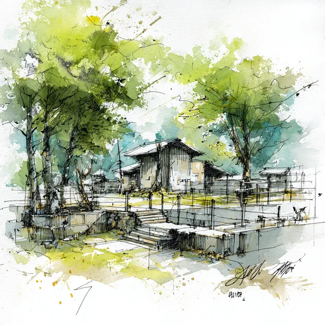 Minimalist Livestock Pen Sketch in Traditional Asian Style