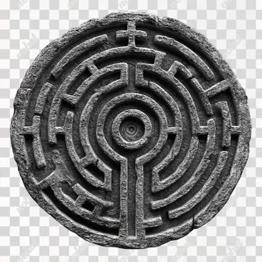Circle labyrinth, carved on magma stone, white background, realistic 3D, png