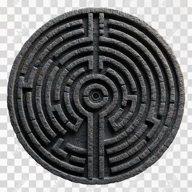 Circle labyrinth, carved on magma stone, white background, realistic 3D, png