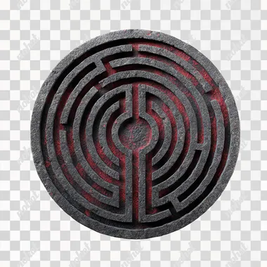 Circle labyrinth, carved on magma stone, white background, realistic 3D, png