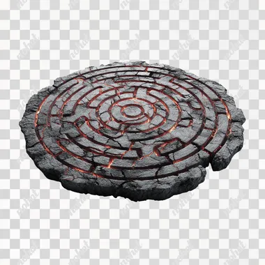 Circle labyrinth, carved on magma stone, white background, realistic 3D, png