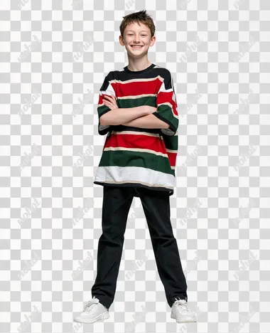 Tween boy with brown hair wearing an oversized t-shirt with wide red, white and green horizontal stripes (big gap between stripes, no other color), matching black skinny pants, white shoes, and standing against a plain white background, studio lighting, minimalistic and cheerful, high detail  rofile ss3rl4p