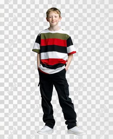 Tween boy with brown hair wearing an oversized t-shirt with wide red, white and green horizontal stripes (big gap between stripes, no other color), matching black skinny pants, white shoes, and standing against a plain white background, studio lighting, minimalistic and cheerful, high detail  rofile ss3rl4p