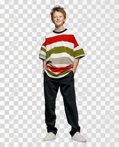 Tween boy with brown hair wearing an oversized t-shirt with wide red, white and green horizontal stripes (big gap between stripes, no other color), matching black skinny pants, white shoes, and standing against a plain white background, studio lighting, minimalistic and cheerful, high detail  rofile ss3rl4p