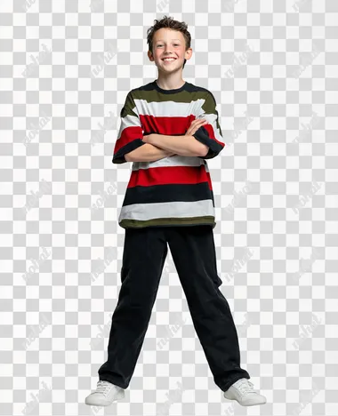 Tween boy with brown hair wearing an oversized t-shirt with wide red, white and green horizontal stripes (big gap between stripes, no other color), matching black skinny pants, white shoes, and standing against a plain white background, studio lighting, minimalistic and cheerful, high detail  rofile ss3rl4p