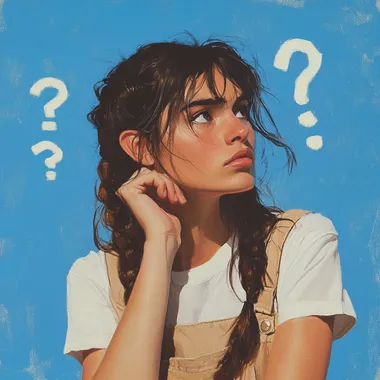 a young woman with a thoughtful expression, her head slightly tilted and her hand resting on her chin. She is looking off to the side, seemingly pondering something. Around her head, there are several white question marks, which emphasize the sense of confusion or deep thought. She has long, dark hair styled in a braid over her shoulder, and she is wearing a casual outfit consisting of a white t-shirt and beige overalls. The background is a bright blue, providing a contrast to her neutral-colored outfit. The overall mood of the image conveys curiosity or uncertainty.