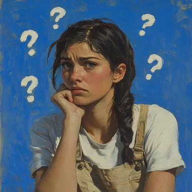 a young woman with a thoughtful expression, her head slightly tilted and her hand resting on her chin. She is looking off to the side, seemingly pondering something. Around her head, there are several white question marks, which emphasize the sense of confusion or deep thought. She has long, dark hair styled in a braid over her shoulder, and she is wearing a casual outfit consisting of a white t-shirt and beige overalls. The background is a bright blue, providing a contrast to her neutral-colored outfit. The overall mood of the image conveys curiosity or uncertainty.