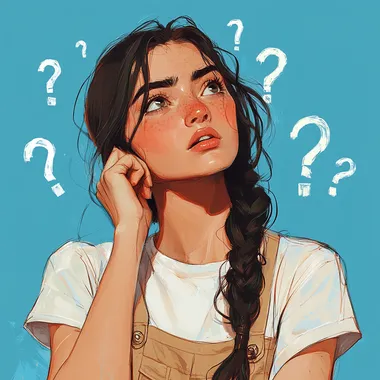 a young woman with a thoughtful expression, her head slightly tilted and her hand resting on her chin. She is looking off to the side, seemingly pondering something. Around her head, there are several white question marks, which emphasize the sense of confusion or deep thought. She has long, dark hair styled in a braid over her shoulder, and she is wearing a casual outfit consisting of a white t-shirt and beige overalls. The background is a bright blue, providing a contrast to her neutral-colored outfit. The overall mood of the image conveys curiosity or uncertainty.