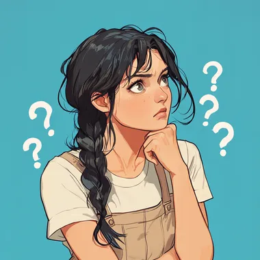 a young woman with a thoughtful expression, her head slightly tilted and her hand resting on her chin. She is looking off to the side, seemingly pondering something. Around her head, there are several white question marks, which emphasize the sense of confusion or deep thought. She has long, dark hair styled in a braid over her shoulder, and she is wearing a casual outfit consisting of a white t-shirt and beige overalls. The background is a bright blue, providing a contrast to her neutral-colored outfit. The overall mood of the image conveys curiosity or uncertainty.