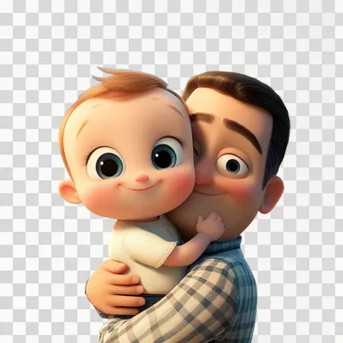 a 3D baby in PIXAR ART style, the baby appears to be very happy, he has big eyes and a mischievous smile, he is hugging his father because it is a special date. they both smile at each other. in the background a solid blue