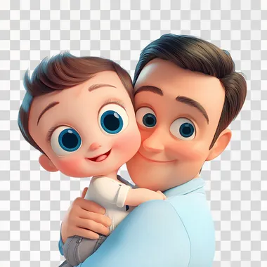 a 3D baby in PIXAR ART style, the baby appears to be very happy, he has big eyes and a mischievous smile, he is hugging his father because it is a special date. they both smile at each other. in the background a solid blue
