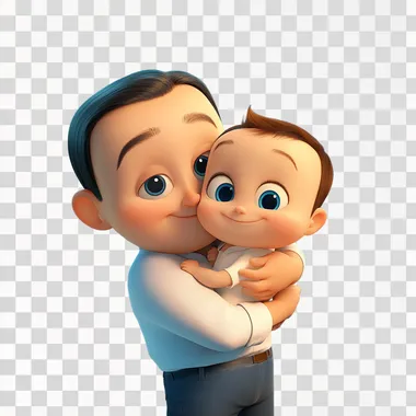 a 3D baby in PIXAR ART style, the baby appears to be very happy, he has big eyes and a mischievous smile, he is hugging his father because it is a special date. they both smile at each other. in the background a solid blue