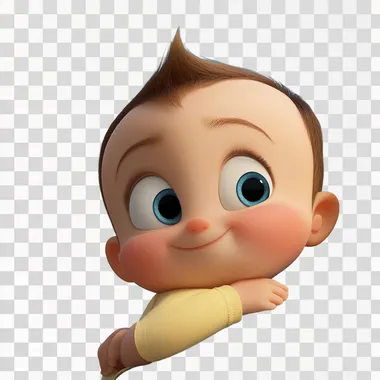 a 3D baby in PIXAR ART style, the baby appears to be very happy, he has big eyes and a mischievous smile, he is hugging his father because it is a special date. they both smile at each other. in the background a solid blue