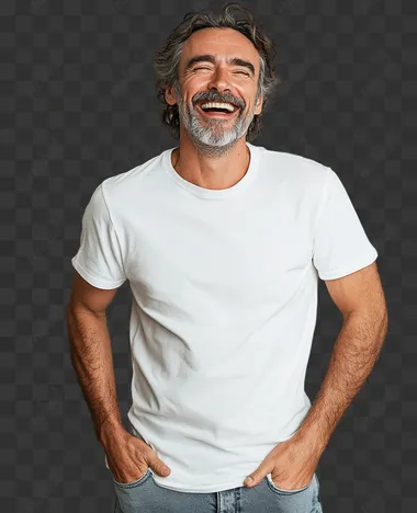mature man in white t-shirt rejoices and smiles standing on gray background, studio photo, professional stock photography