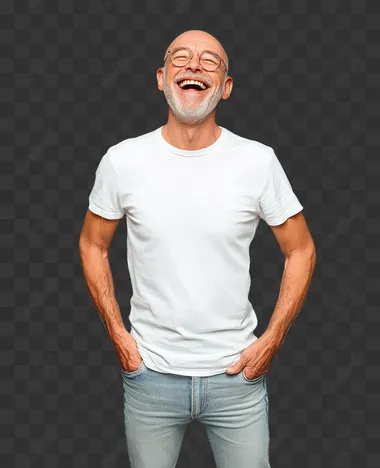 mature man in white t-shirt rejoices and smiles standing on gray background, studio photo, professional stock photography