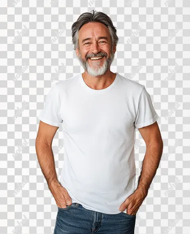 mature man in white t-shirt rejoices and smiles standing on gray background, studio photo, professional stock photography
