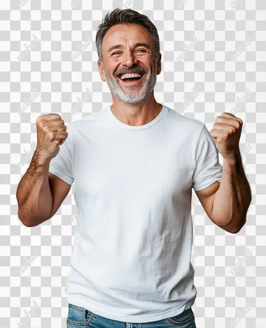 mature man in white t-shirt rejoices and smiles standing on gray background, studio photo, professional stock photography