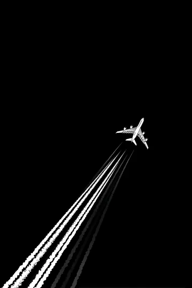 An airplane flying in the sky, leaving trails behind it, against a black background, in the style of white on dark grey.