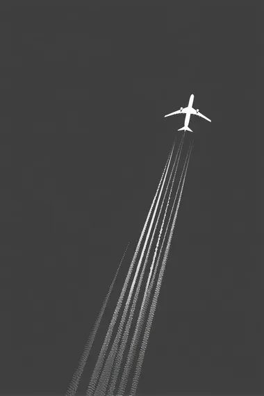 An airplane flying in the sky, leaving trails behind it, against a black background, in the style of white on dark grey.
