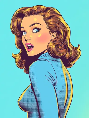 A pop art-style illustration in a comic book aesthetic with 1970s-1980s vibes, featuring a white woman with light skin tone, styled with a Marilyn Monroe-like wavy brown hairstyle, wearing a high-neck, modest blue top with long sleeves, and looking back over her right shoulder toward the viewer's lower left side. She is shown in a three-quarter shot, with the frame extending down to include her hips. She has an expressive, open-mouthed reaction, emphasizing a sense of surprise. Her hair and shaded areas are rendered with circular dot patterns for shading and color gradients, creating a classic pop art effect. The background is a bright, light blue with strong blue undertones, and the main colors include vibrant yellows and vivid pinks. The image has no text or bubbles, using bold outlines and high contrast typical of classic pop art.