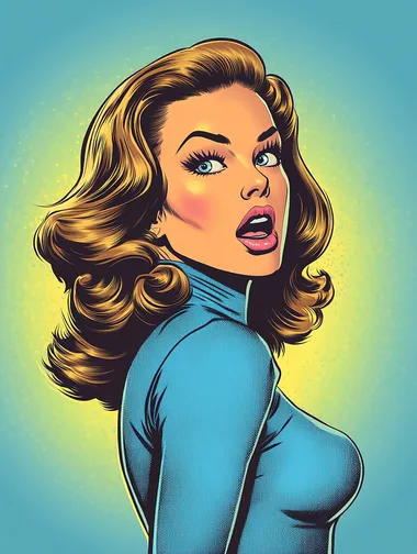 A pop art-style illustration in a comic book aesthetic with 1970s-1980s vibes, featuring a white woman with light skin tone, styled with a Marilyn Monroe-like wavy brown hairstyle, wearing a high-neck, modest blue top with long sleeves, and looking back over her right shoulder toward the viewer's lower left side. She is shown in a three-quarter shot, with the frame extending down to include her hips. She has an expressive, open-mouthed reaction, emphasizing a sense of surprise. Her hair and shaded areas are rendered with circular dot patterns for shading and color gradients, creating a classic pop art effect. The background is a bright, light blue with strong blue undertones, and the main colors include vibrant yellows and vivid pinks. The image has no text or bubbles, using bold outlines and high contrast typical of classic pop art.