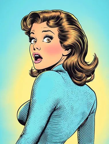 A pop art-style illustration in a comic book aesthetic with 1970s-1980s vibes, featuring a white woman with light skin tone, styled with a Marilyn Monroe-like wavy brown hairstyle, wearing a high-neck, modest blue top with long sleeves, and looking back over her right shoulder toward the viewer's lower left side. She is shown in a three-quarter shot, with the frame extending down to include her hips. She has an expressive, open-mouthed reaction, emphasizing a sense of surprise. Her hair and shaded areas are rendered with circular dot patterns for shading and color gradients, creating a classic pop art effect. The background is a bright, light blue with strong blue undertones, and the main colors include vibrant yellows and vivid pinks. The image has no text or bubbles, using bold outlines and high contrast typical of classic pop art.