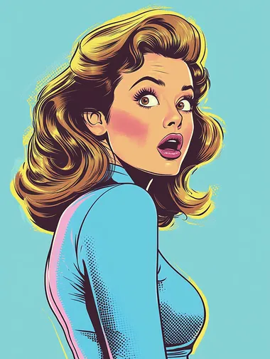A pop art-style illustration in a comic book aesthetic with 1970s-1980s vibes, featuring a white woman with light skin tone, styled with a Marilyn Monroe-like wavy brown hairstyle, wearing a high-neck, modest blue top with long sleeves, and looking back over her right shoulder toward the viewer's lower left side. She is shown in a three-quarter shot, with the frame extending down to include her hips. She has an expressive, open-mouthed reaction, emphasizing a sense of surprise. Her hair and shaded areas are rendered with circular dot patterns for shading and color gradients, creating a classic pop art effect. The background is a bright, light blue with strong blue undertones, and the main colors include vibrant yellows and vivid pinks. The image has no text or bubbles, using bold outlines and high contrast typical of classic pop art.