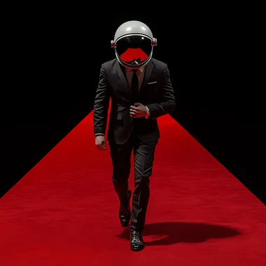 man in a suit and astronaut helmet walking on a red carpet, he is slightly inclined while buttoning his suit around his stomach, he is in a black room, super realistic