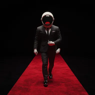 man in a suit and astronaut helmet walking on a red carpet, he is slightly inclined while buttoning his suit around his stomach, he is in a black room, super realistic