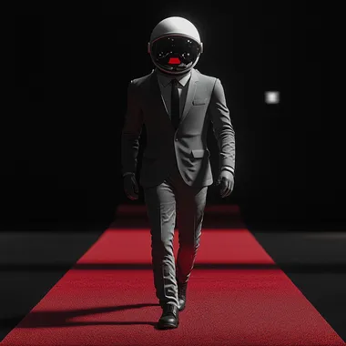 man in a suit and astronaut helmet walking on a red carpet, he is slightly inclined while buttoning his suit around his stomach, he is in a black room, super realistic