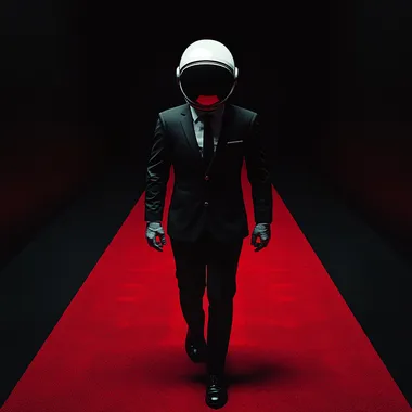 man in a suit and astronaut helmet walking on a red carpet, he is slightly inclined while buttoning his suit around his stomach, he is in a black room, super realistic