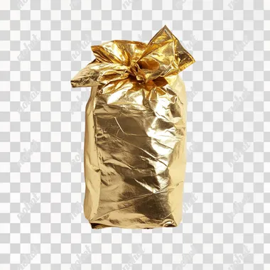 a golding bag of money on a white background