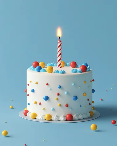 a beautiful and elegant white birthday cake with blue red and yellow decorations and one candle in a blue background. Minimalist 3d photography style
