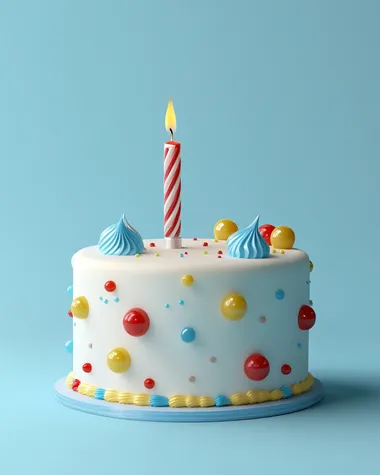a beautiful and elegant white birthday cake with blue red and yellow decorations and one candle in a blue background. Minimalist 3d photography style