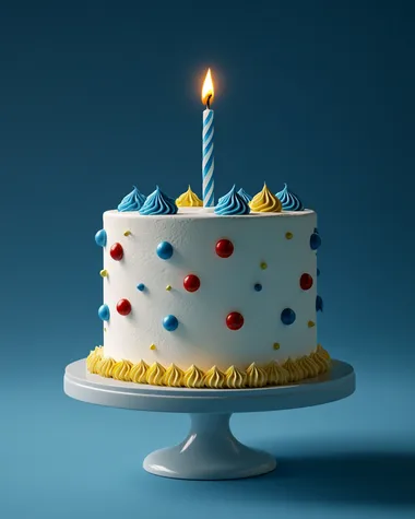 a beautiful and elegant white birthday cake with blue red and yellow decorations and one candle in a blue background. Minimalist 3d photography style