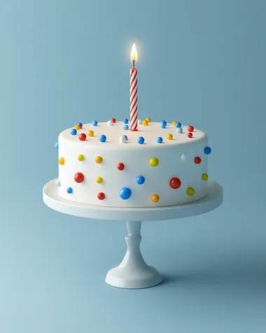 a beautiful and elegant white birthday cake with blue red and yellow decorations and one candle in a blue background. Minimalist 3d photography style